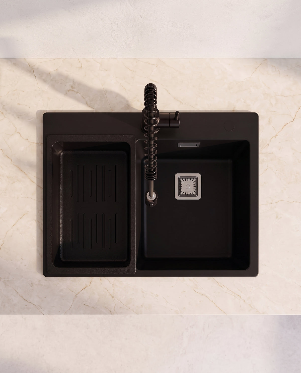 Évier une cuve en quartz composite noir, 60 × 45 cm - top view