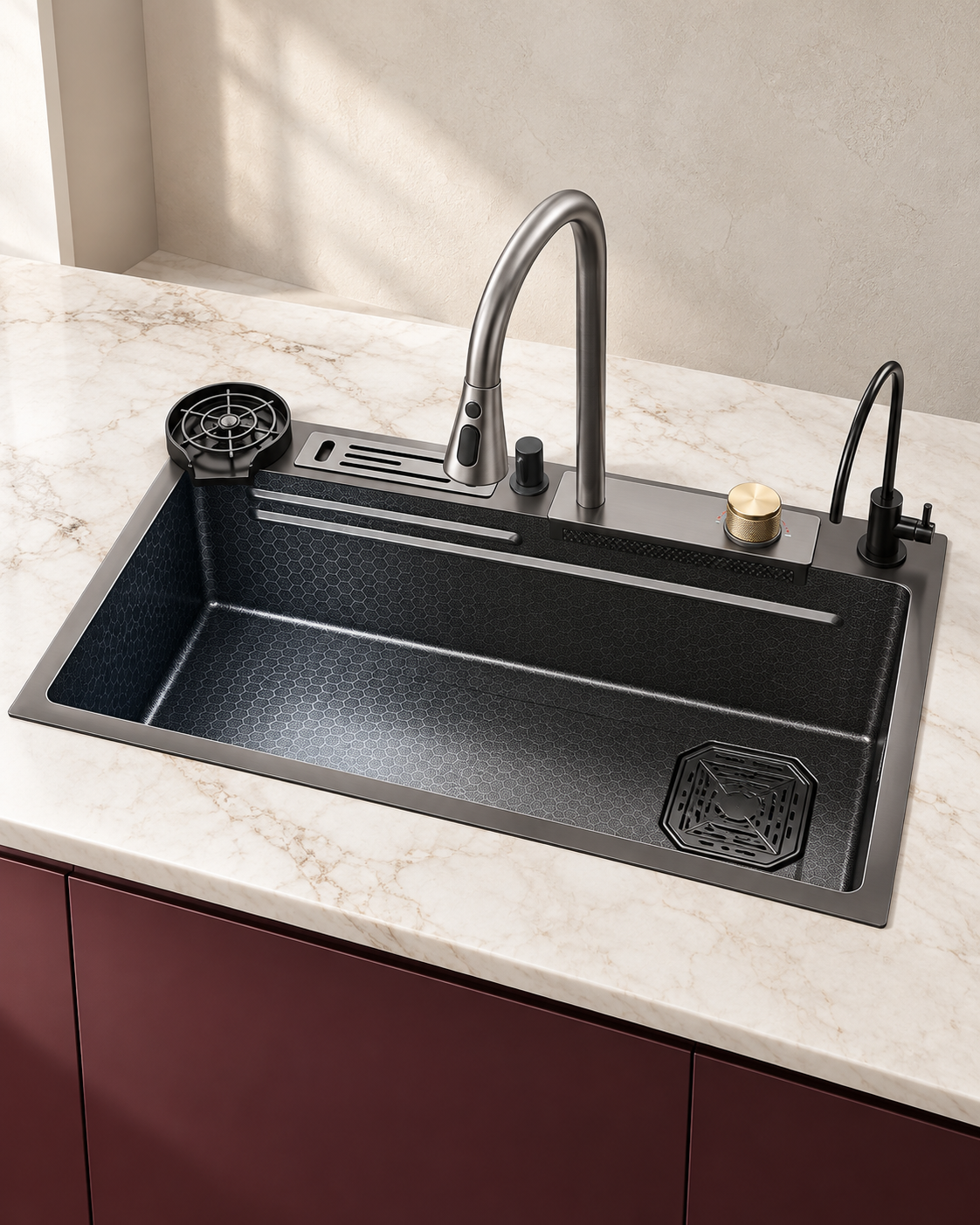 Évier inox complet 75 x 45 cm avec robinet cascade et rince-verre