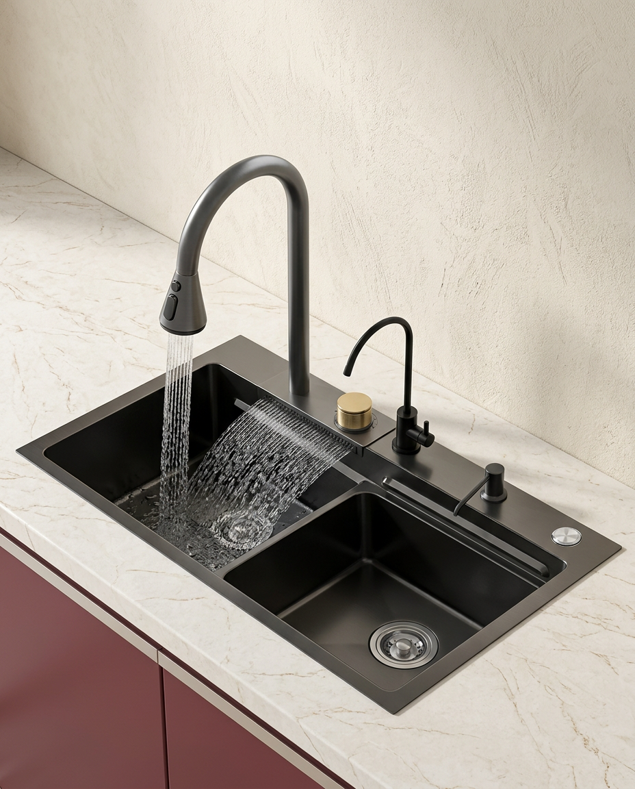 Évier inox complet 60 x 45 cm avec robinet extractible et accessoires