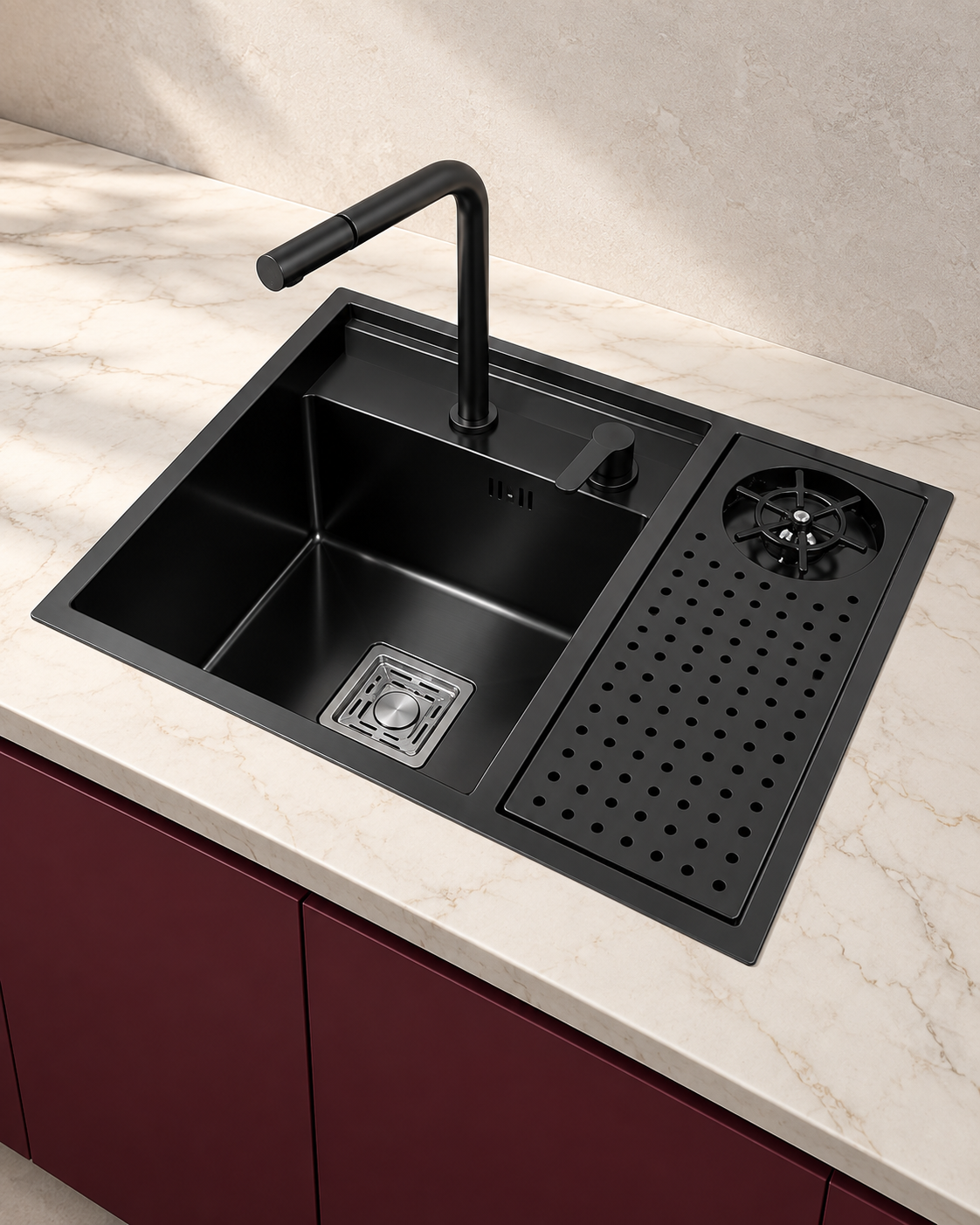 Évier inox compact complet avec couvercle et robinet relevable