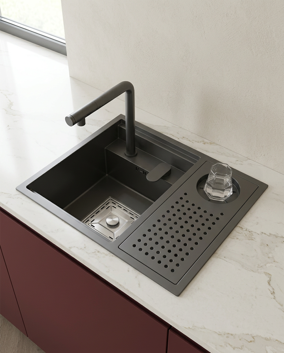 Évier inox complet sous plan avec robinet et texture grain de riz