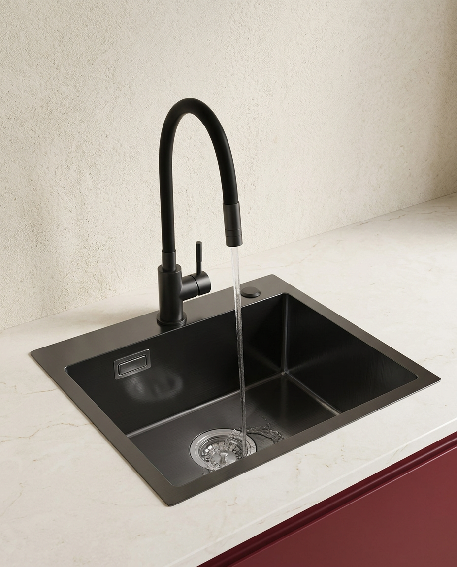 Évier quartz composite 65 x 45 cm avec panier et kit de vidage