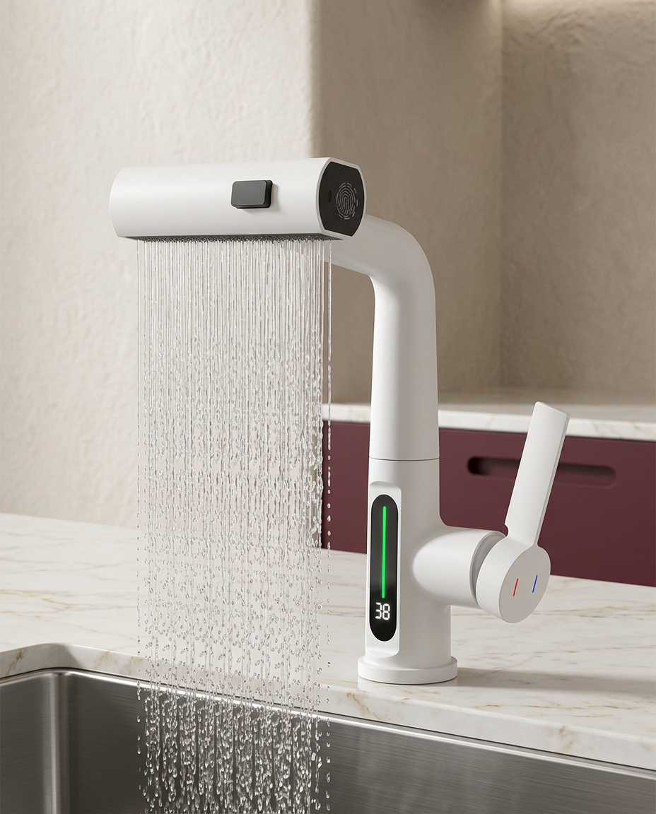 Mitigeur extractible avec cascade et affichage