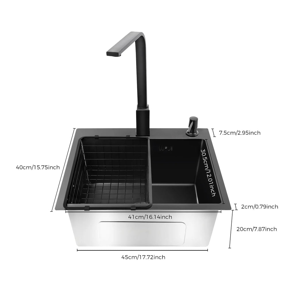 Évier de cuisine noir en acier inoxydable, 45x40x20cm, avec distributeur de savon, pour cuisines, salles de bains, buanderie