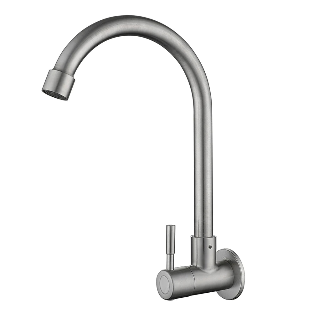 Robinet de cuisine mural en acier inoxydable, robinet d'eau froide simple, courbe inférieure, robinet d'évier mural, qualité supérieure