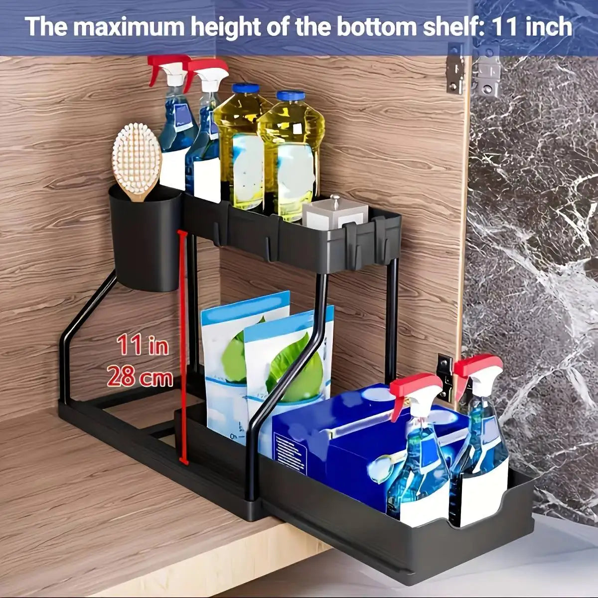 Organisateur sous évier à 2 niveaux peu encombrant, boîte de rangement extractible, organisateur de tiroir essentiel Durable de grande capacité pour cuisine et salle de bains