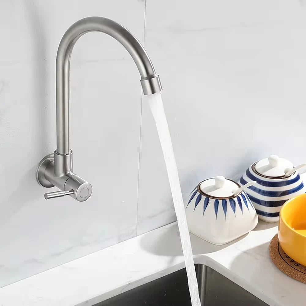 Robinet de cuisine mural en acier inoxydable, robinet d'eau froide simple, courbe inférieure, robinet d'évier mural, qualité supérieure