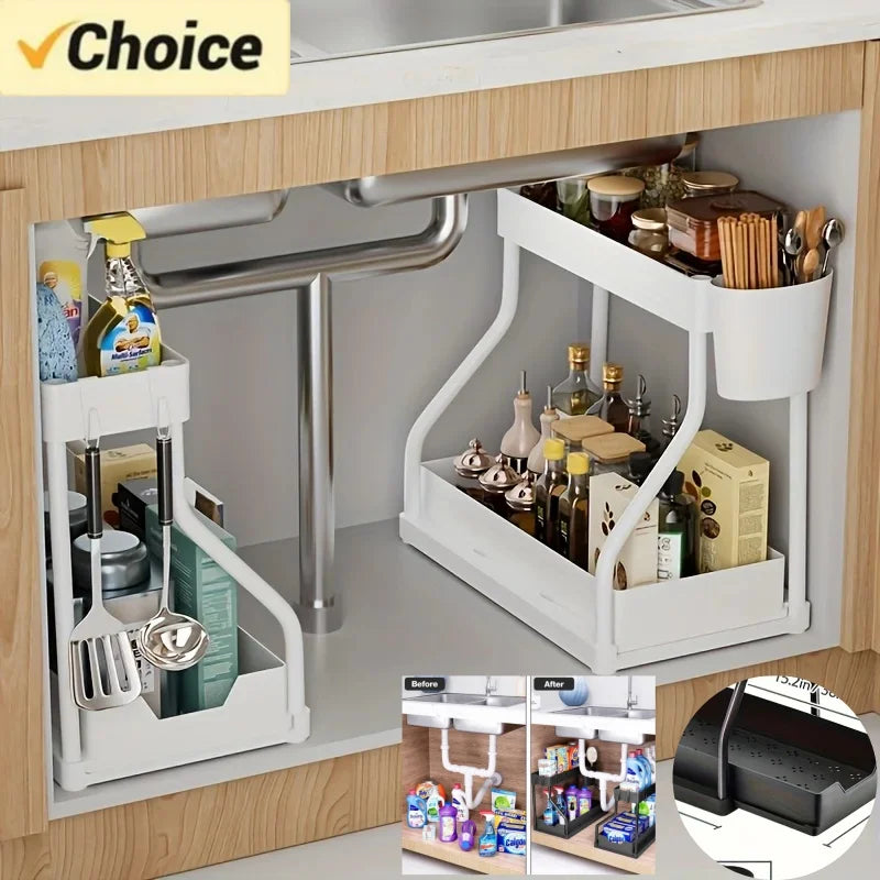 Organisateur sous évier à 2 niveaux peu encombrant, boîte de rangement extractible, organisateur de tiroir essentiel Durable de grande capacité pour cuisine et salle de bains