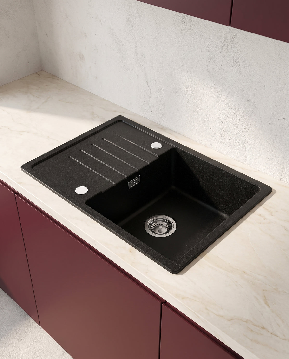 Évier une cuve avec égouttoir en quartz noir, 65 × 45 cm - hero