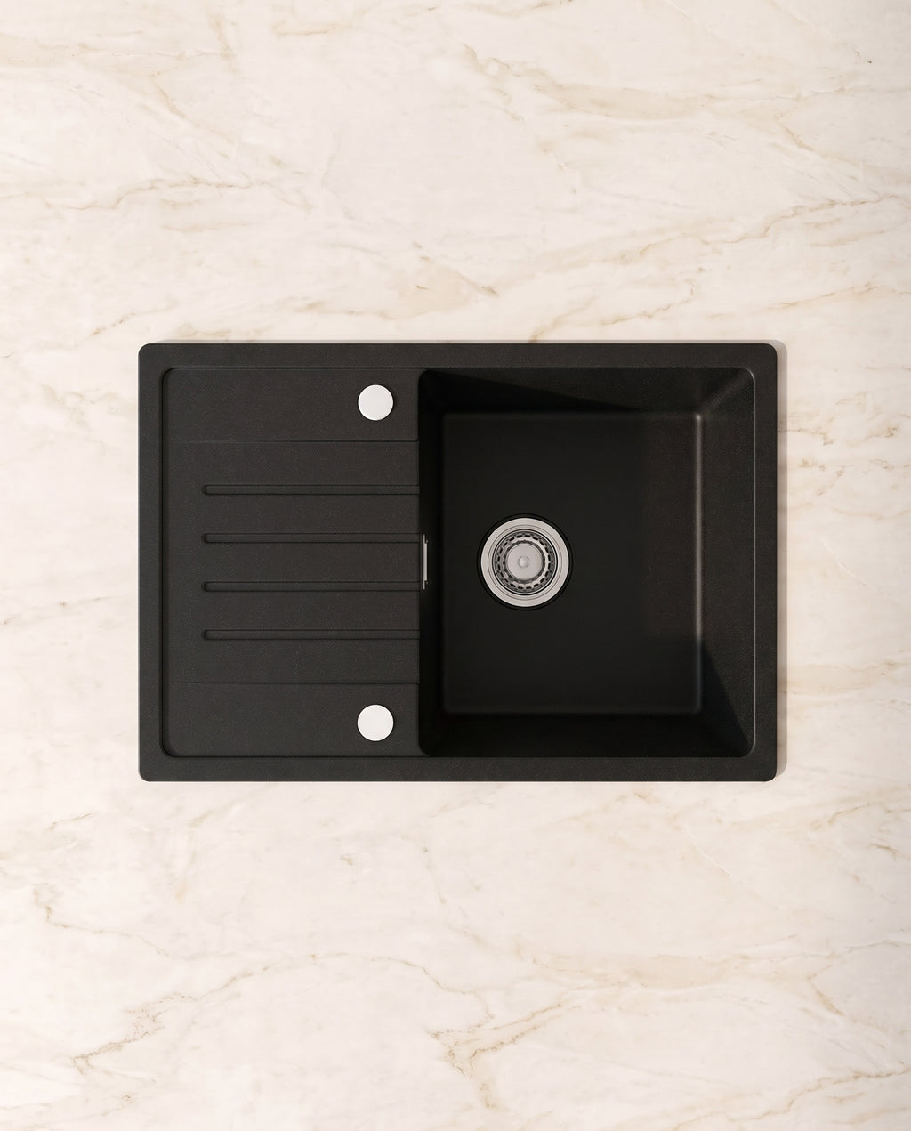 Évier une cuve avec égouttoir en quartz noir, 65 × 45 cm - top view