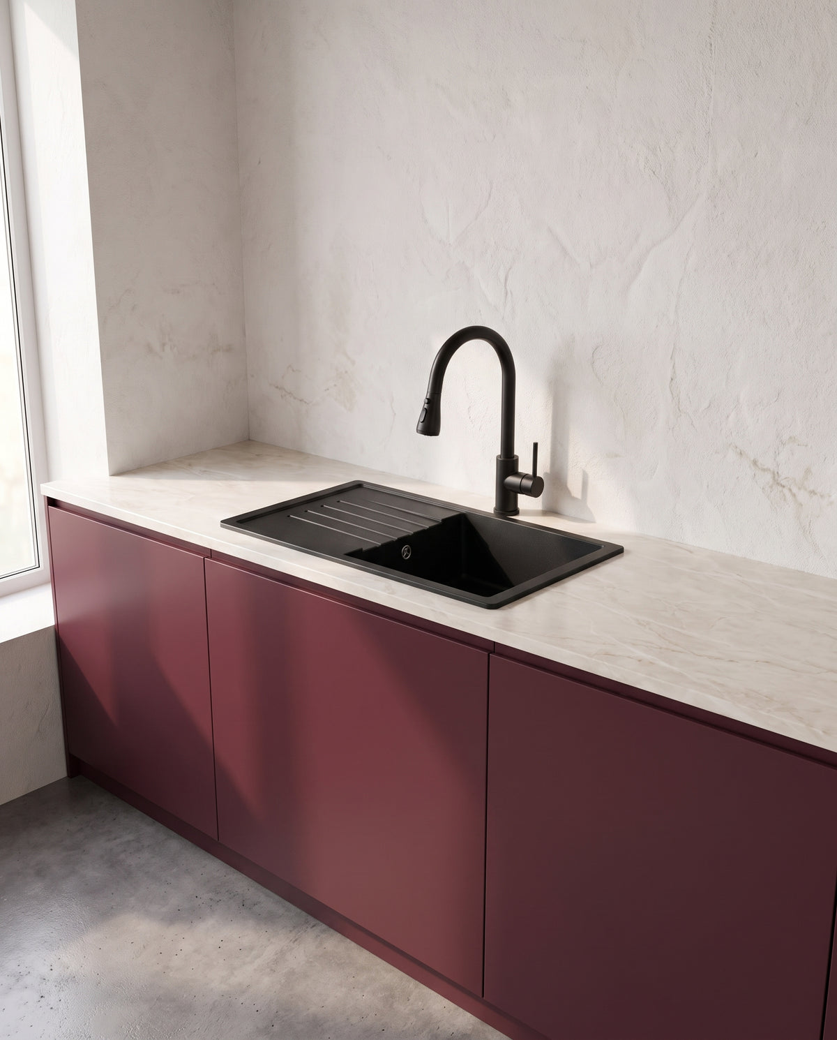 Évier de cuisine en granit 78 × 45 cm avec robinet extractible - ambiance