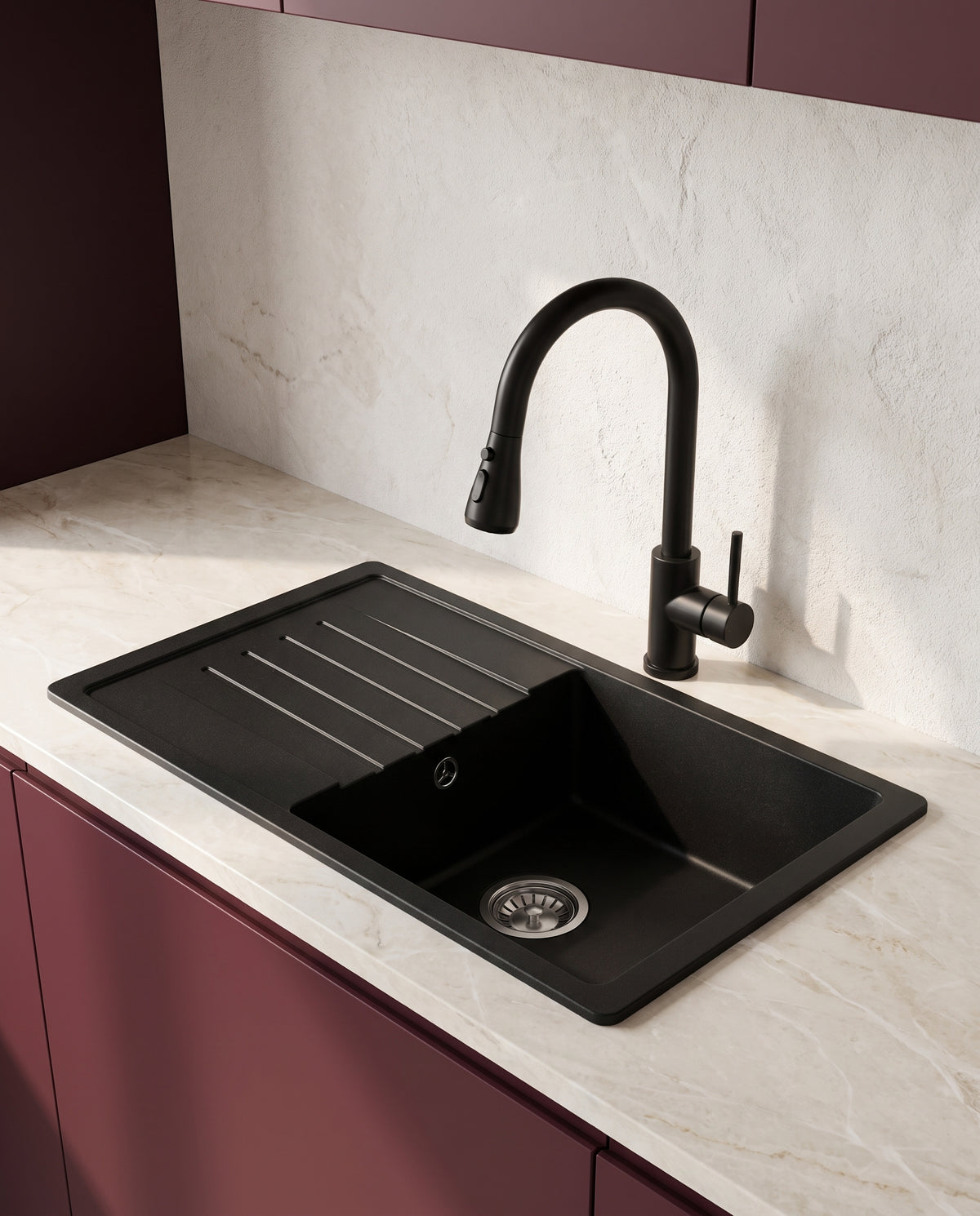 Évier de cuisine en granit 78 × 45 cm avec robinet extractible - hero