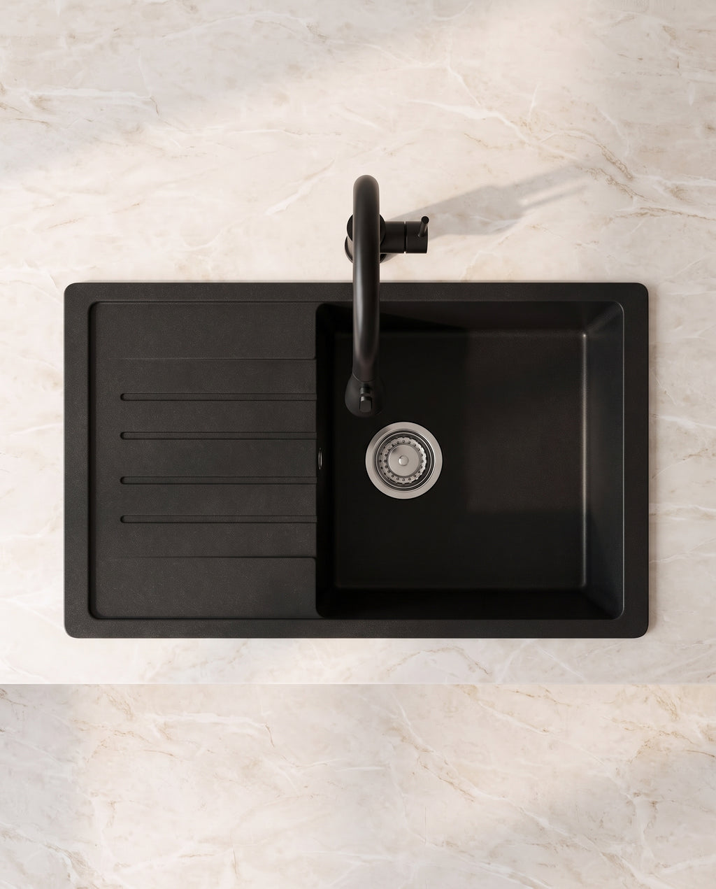 Évier de cuisine en granit 78 × 45 cm avec robinet extractible - top view