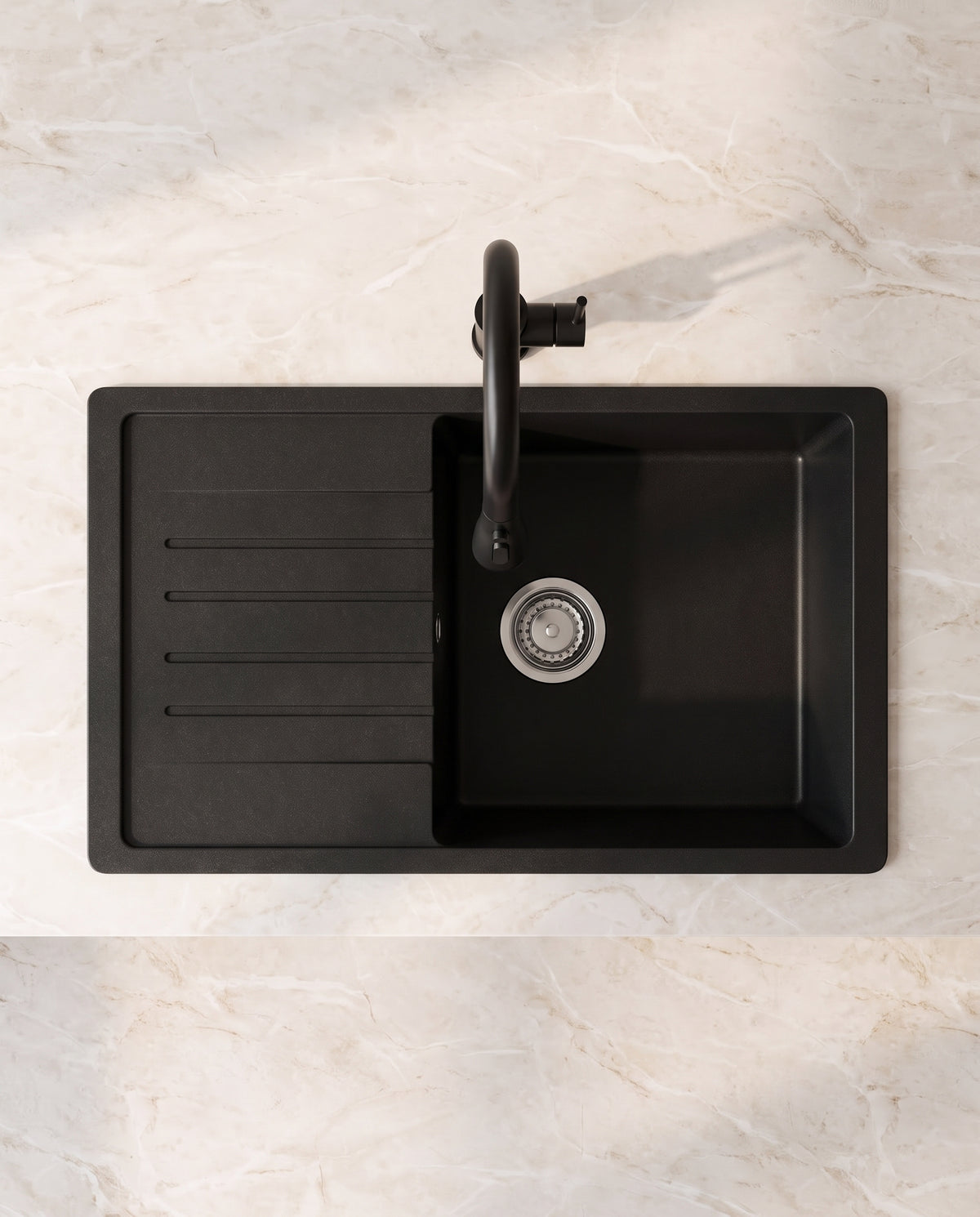 Évier de cuisine en granit 78 × 45 cm avec robinet extractible - top view