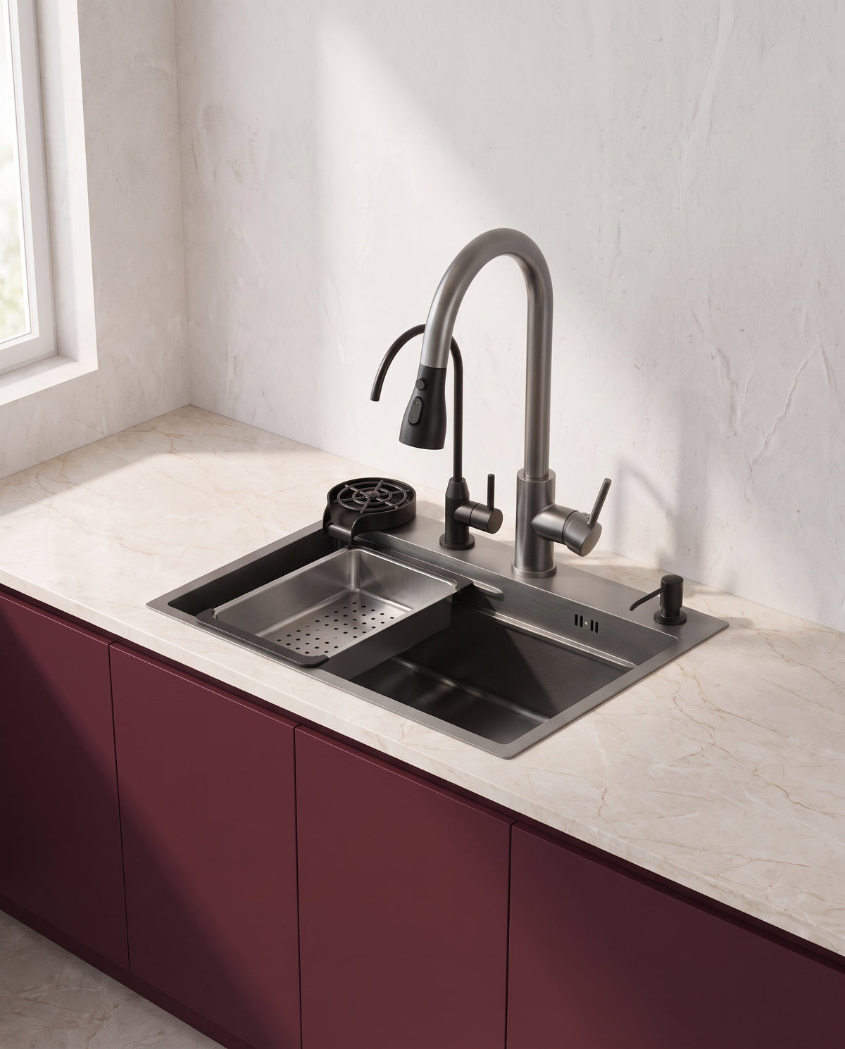 Évier cascade en inox 304 avec équipements intégrés - ambiance