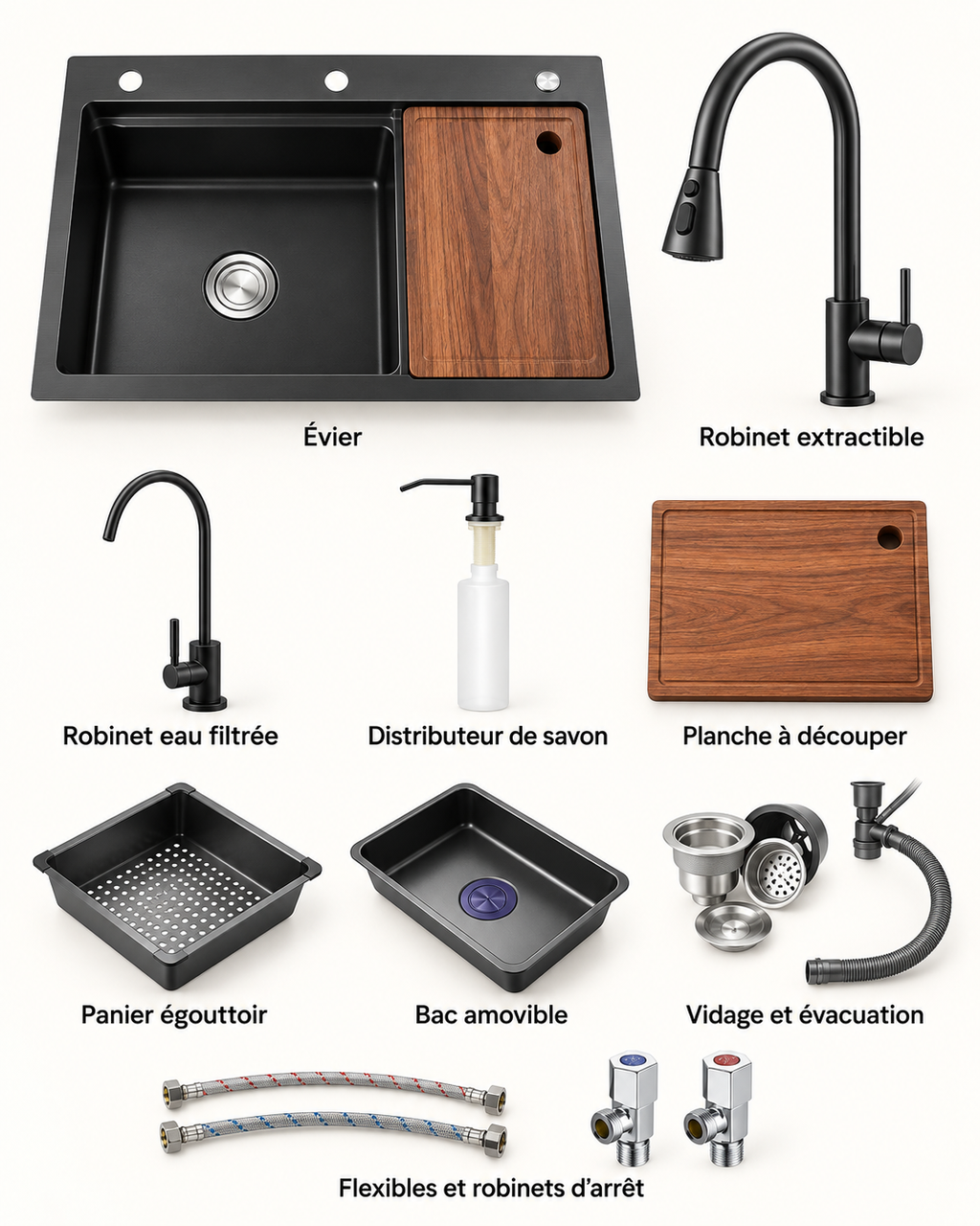 Contenu de l'ensemble évier inox 60 x 45 cm avec robinet extractible et accessoires