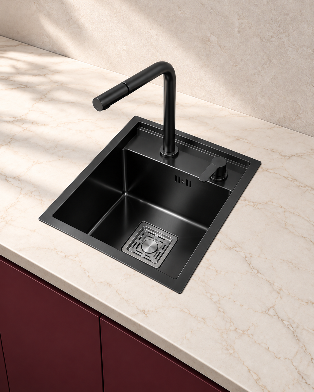 Évier inox compact complet 32 x 39 cm avec couvercle et robinet relevable