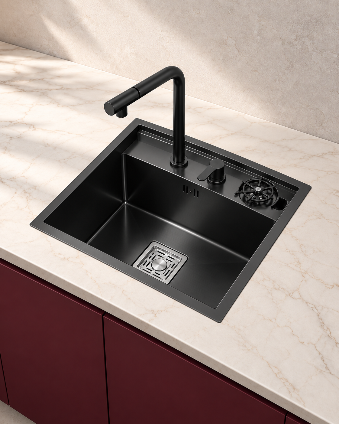 Évier inox compact complet 45 x 38 cm avec couvercle, robinet relevable et rince-verre
