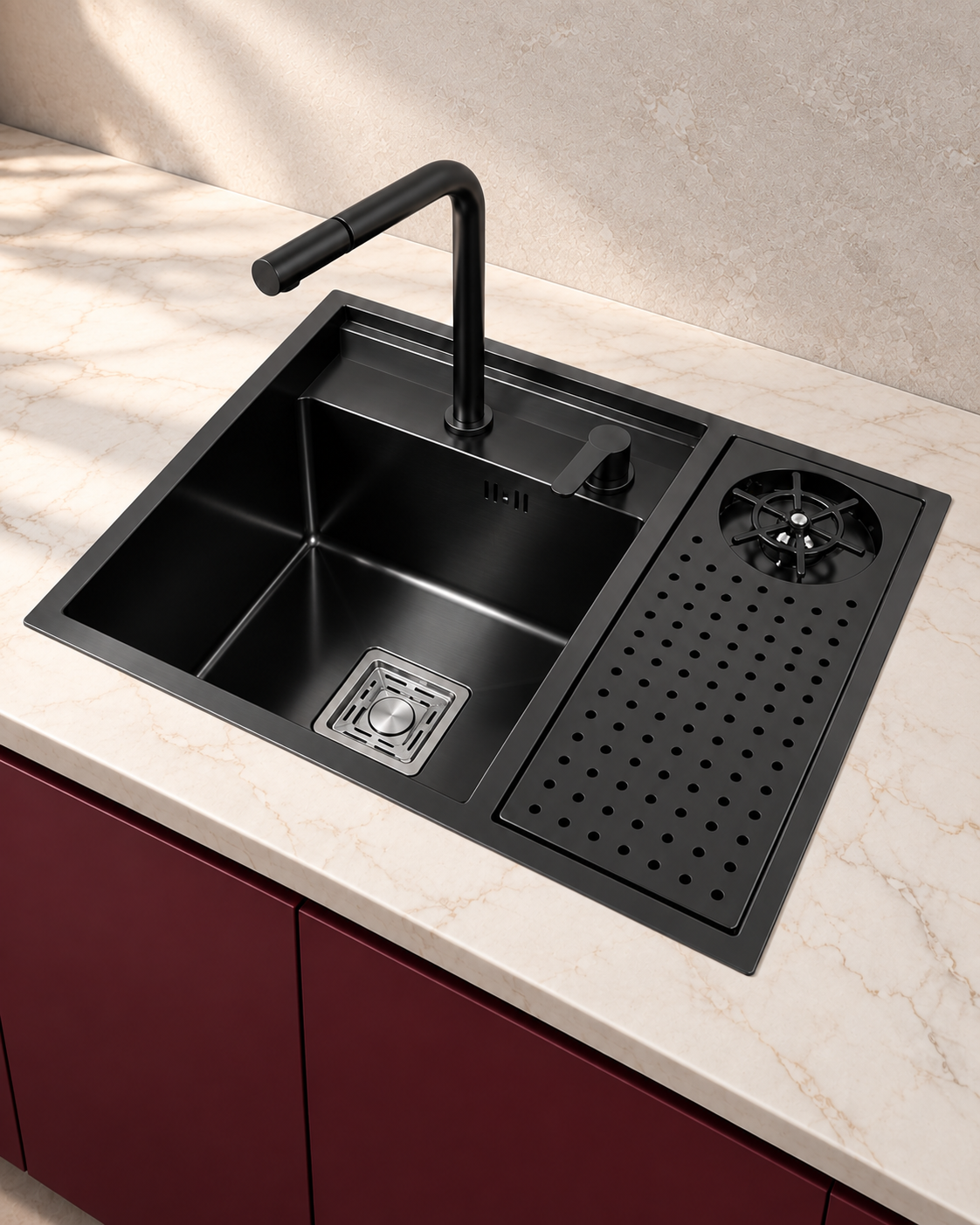 Évier inox compact complet 55 x 45 cm avec couvercle, robinet relevable et rince-verre